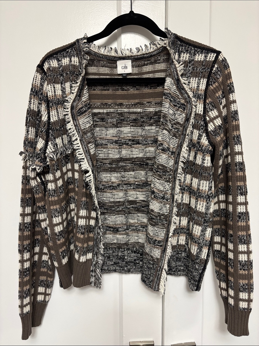 CAbi Neutral Plaid Fringe Open-Front Cardigan 100% cotton
